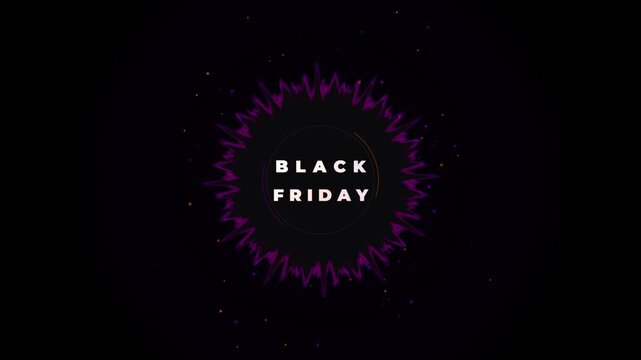 Black friday promotion text animation with glowing purple circular wave on dark background clip.