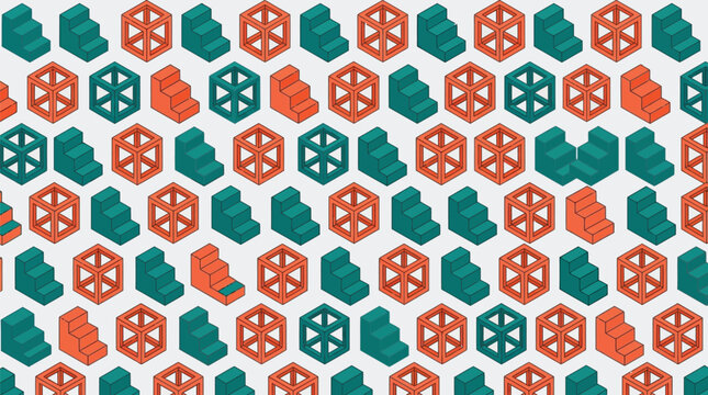 Isometric seamless vector illustration featuring repetitive teal steps and vibrant orange wireframe cubes arranged in a neat repeating pattern design