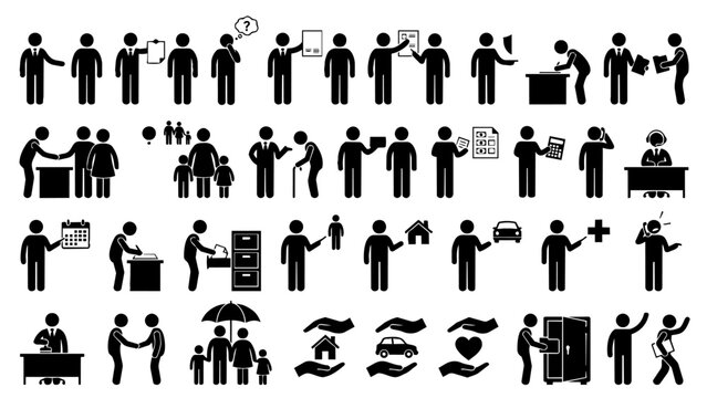保険相談・契約の多様な業務動作を四行八列に整列した黒い人物ピクトグラム三十二種セット