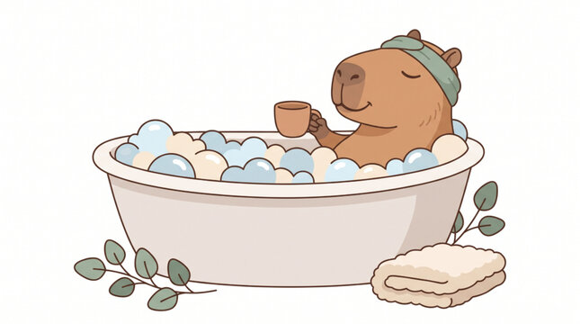 Cute capybara sitting in a bathtub with bubbles in a minimalist flat vector style
