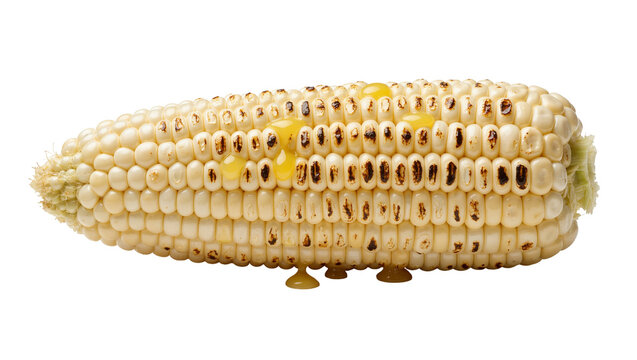 Grilled white corn cob with melted butter dripping, isolated on transparent background