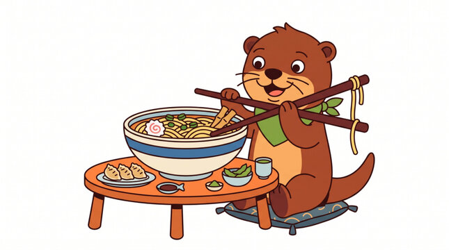 Cute otter eating ramen noodles with wooden chopsticks in a flat vector style