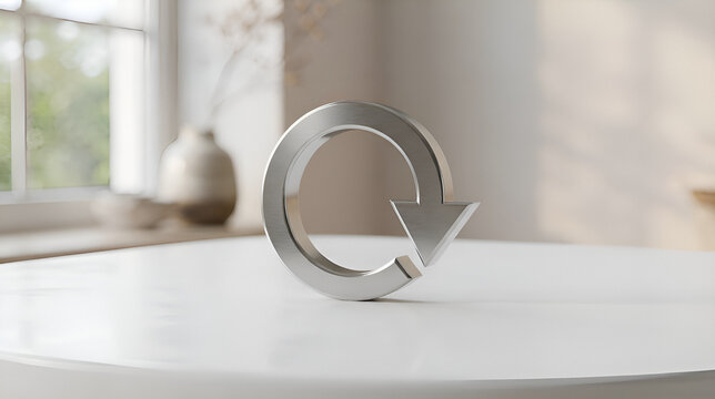 Metallic refresh arrow symbol on white surface