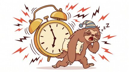 Fototapeta premium Cute sloth character carrying a vintage alarm clock in a flat vector illustration
