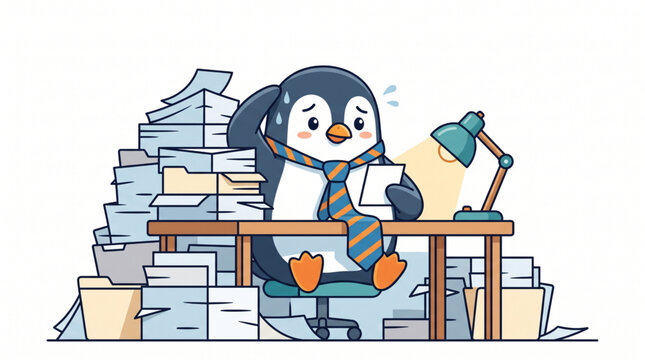 Overwhelmed penguin character sitting at an office desk with a laptop and files