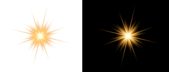 Fototapeta premium Bright starburst light effect with golden glow against black background for creative design projects