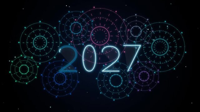 Neon illuminated 2027 new year text glowing against abstract circular fireworks motion background.