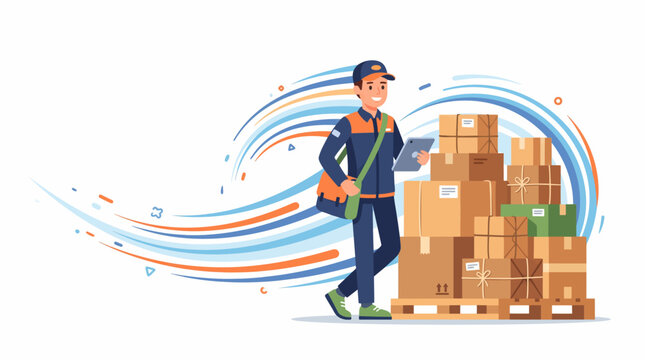 Delivery Agent with Packages: A smiling delivery agent, clad in uniform and carrying a satchel, stands beside a stack of cardboard boxes on a pallet, ready to dispatch.