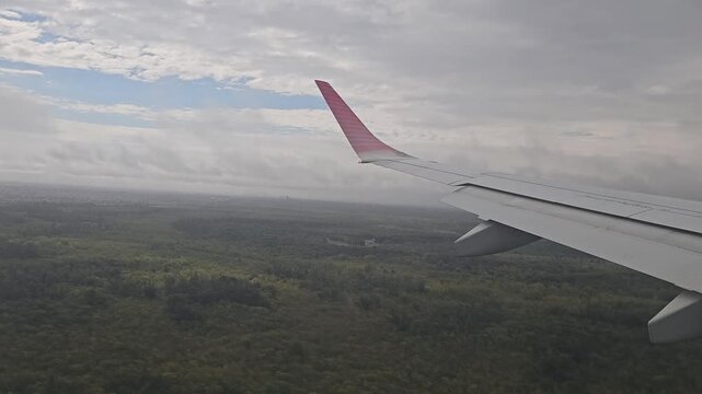 Airplane Wing with Flaps during Approach over Forest