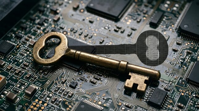 Antique brass skeleton key featuring digital binary code overlay rests gracefully upon an intricate motherboard circuit board for high security
