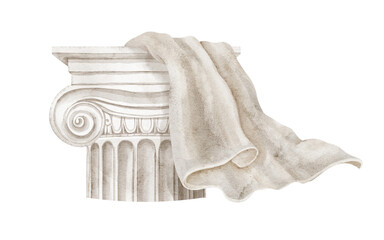 Ionic column capital with draped cloth watercolor illustration isolated on background. Classical architectural fragment with fabric for antique Mediterranean designs. Art of Italian or Greek history. © Alisles