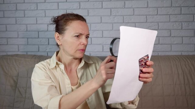 Mature woman reading medicine prescription with magnifying glass. Concerned middle-aged woman carefully reading the instructions for a medication, using a magnifying glass to see the fine print