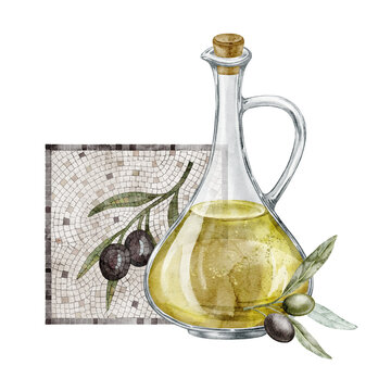 Olive oil cruet with mosaic and olive branch watercolor illustration isolated on background. Mediterranean kitchen composition with glass bottle and Roman decorative tile. Art for recipe book or menu.