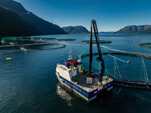Aerial view of a service boat with a crane working at a salmon farm in the Gratangsbotn fjord, surrounded by mountains under a clear blue sky in Gratangsbotn, Troms, Norway.