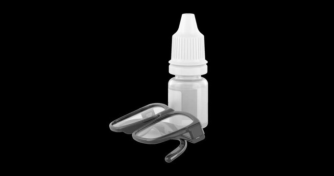 Eyeglasses and eye drops rotation animation seamlessly loopable. 3D rendering isolated on transparent background