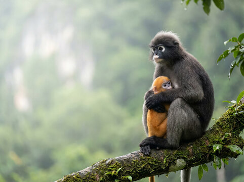 Dusky leaf monkey mother hugging orange baby in misty rainforest