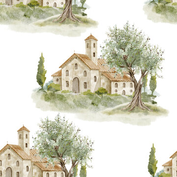 Mediterranean landscape seamless pattern with rustic Tuscany houses, olive trees and countryside scenes on isolated background. Watercolor scenic repeat for wallpaper, fabric, travel and home decor.