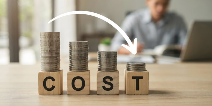 Decreasing Cost Concept With Coin Stacks And Downward Arrow Representing Savings Expenses Budget And Financial Management