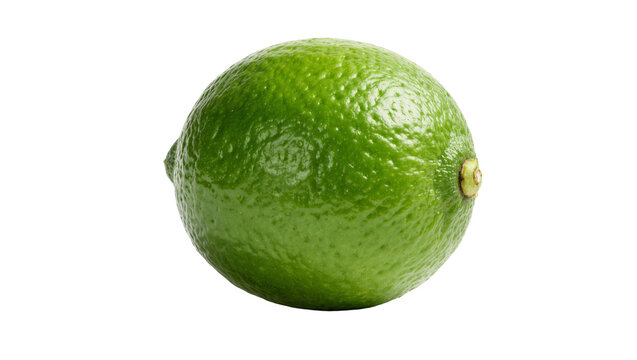 Single bright green lime with textured peel, isolated on transparent background