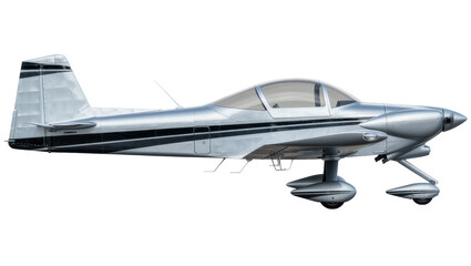 Sleek silver aerobatic airplane with black stripes, isolated on transparent background © PAPADOMUS