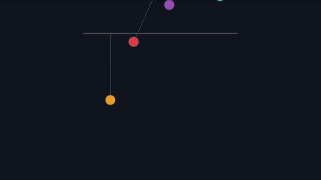 Minimalist pendulum motion animation with colorful swinging spheres on dark 4k background, physics