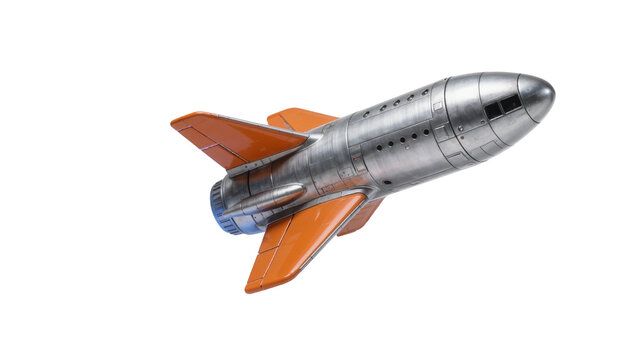 Retro silver rocket with orange fins, isolated on transparent background