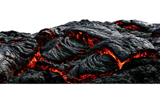 Molten lava flow with glowing orange cracks, isolated on transparent background