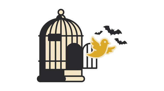 Bird escaping from a birdcage with bats flying