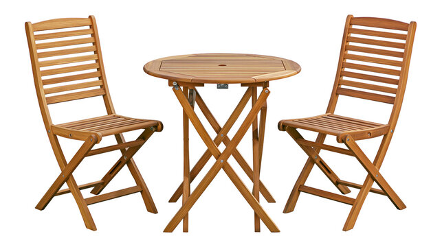 Wooden folding bistro set with round table and two chairs, isolated on transparent background