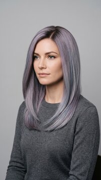 Woman with soft blue-gray hair transformation concept  