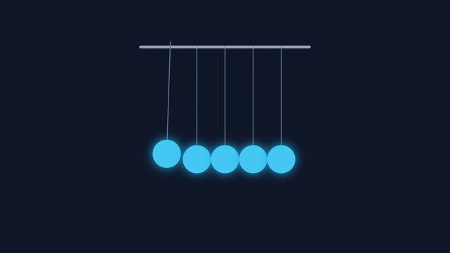 Neon newton&rsquo;s cradle physics animation: glowing blue pendulum balls swinging in perpetual motion for science and technology concepts 4k
