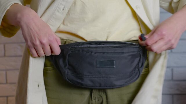 Woman traveler packing passport and cash into a fanny pack. Young tourist woman putting her passport and a wad of one-hundred-dollar bills into a black waist bag, ensuring her safe travel