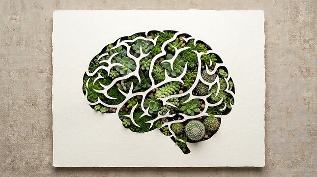 Conceptual illustration of a human brain filled with lush green forest leaves on a white background