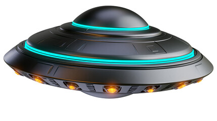 Sleek metallic flying saucer with glowing blue and orange lights, isolated on transparent background © PAPADOMUS