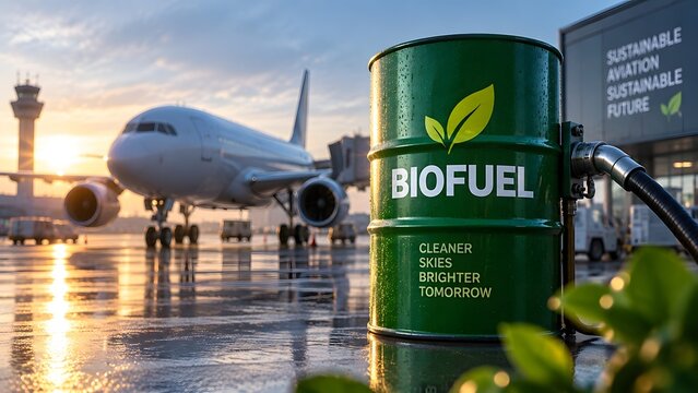 Green biofuel barrel with a refueling hose on an airport runway with a commercial airplane, promoting sustainable aviation and clean renewable energy for the future