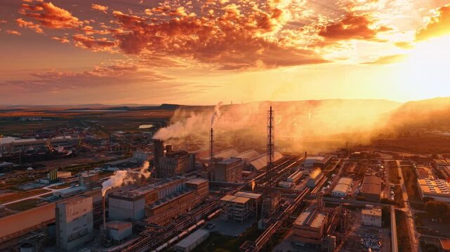 Scenery of modern industrial area in the countryside against cloudy sky colored by orange light of sunset. Plant facility footage from drone.