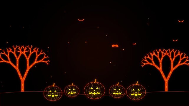 Neon Halloween pumpkins and trees glowing on dark background with moving spooky bat shapes.