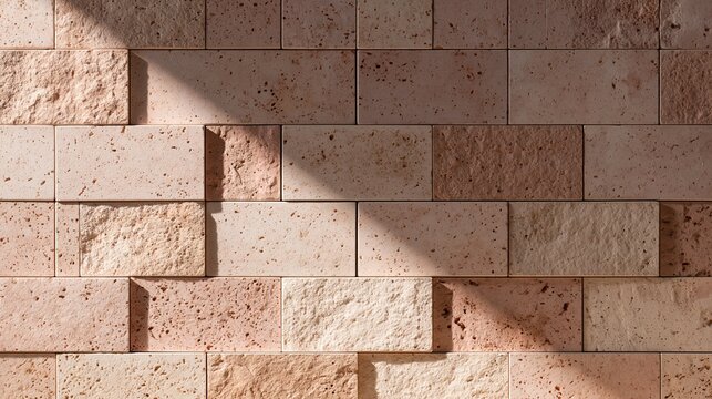 Details of rectangular stones in pale rose, peach, and warm beige colors with subtle weathering and sunlight crossing the surface.