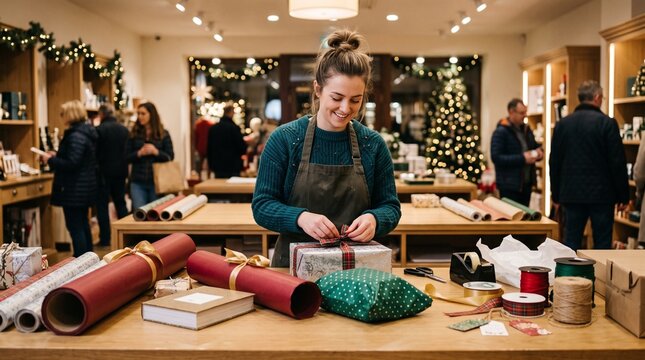 Smiling woman wrapping Christmas presents in a festive store with customers shopping
