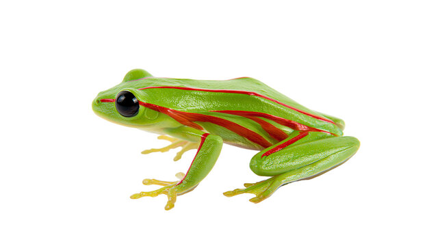 Vibrant green tree frog with red stripes, isolated on transparent background
