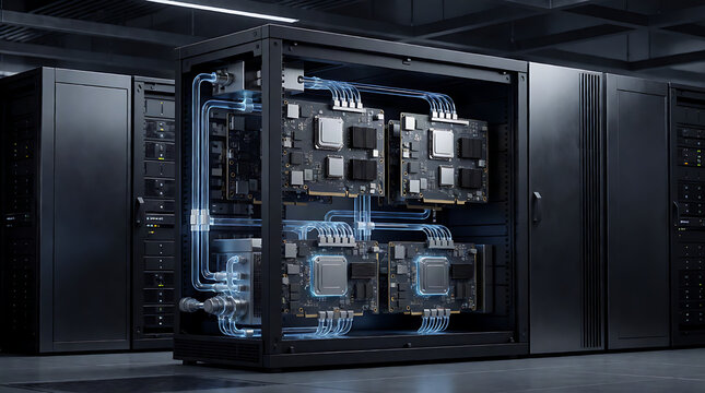 AI data center server rack with advanced liquid cooling system for deep learning hardware