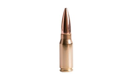 Shiny brass rifle cartridge with pointed projectile, isolated on transparent background © PAPADOMUS