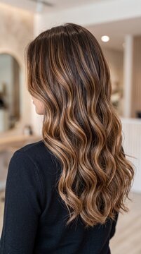 long brunette hair featuring carefully blended ribbons of caramel, honey, and subtle golden tones in a salon setting  