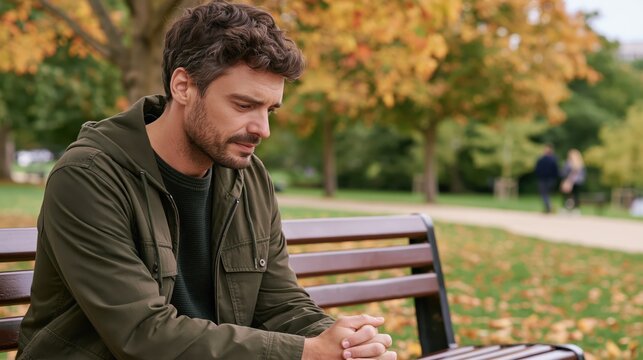 A thoughtful man sitting alone on a wooden park bench during a quiet autumn afternoon outdoors