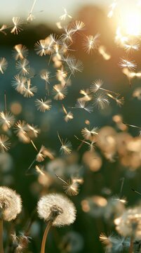 Seeds float gently in soft golden light as they move through the air in an open field during the afternoon hours