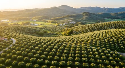 Fototapeta premium Aerial view of expansive vineyard landscape with rolling hills and mountain backdrop during golden hour