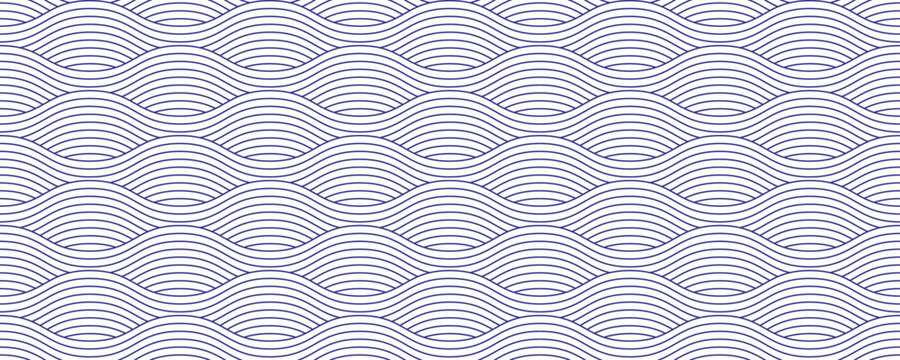 Blue water wave line seamless pattern. Japanese or Chinese traditional oriental texture. Minimalist Asian ornament background. Repeat wallpaper. Vector illustration