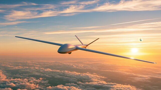 Large fixed-wing reconnaissance drone flying above a thick cloud layer at a golden sunset hour