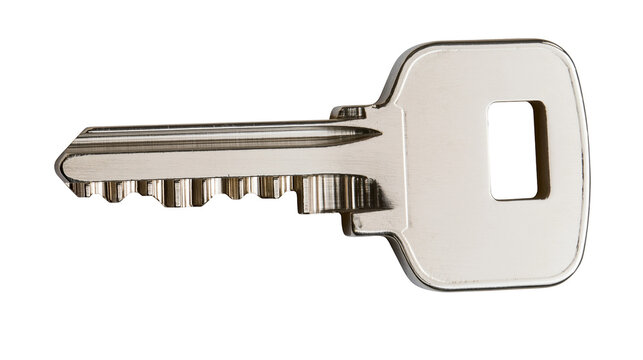 Shiny metal security key with serrated edge, isolated on transparent background