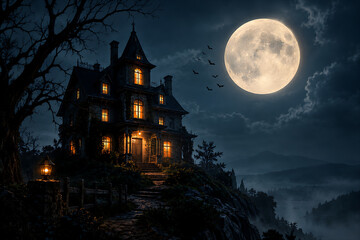 Fototapeta premium Casa encantada bajo luna llena 